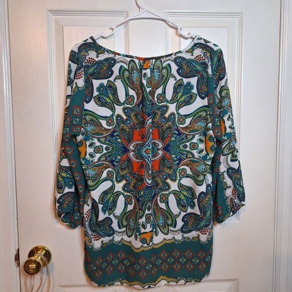 Renee C Green White Paisley Abstract Artsy Satin Short Sleeve Tunic V Neck Sz M - Picture 2 of 9